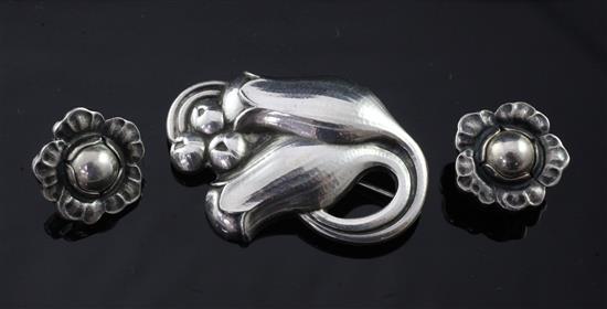 A Danish sterling silver Georg Jensen tulip and lily brooch, design no. 100B and earrings